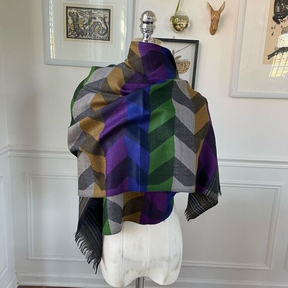 Girnar Shawl Scarf 100% New Wool Purple Green Grey Royal Blue Bronze 28” x 84” - Picture 2 of 9